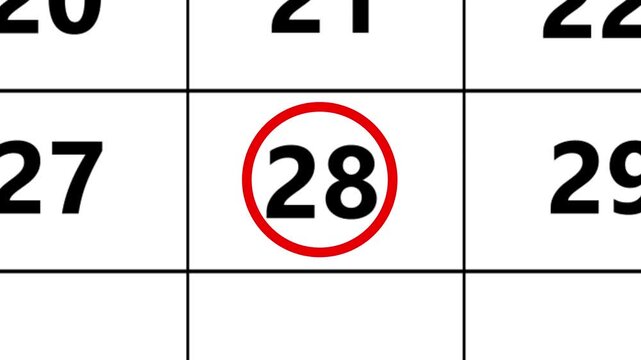 The calendar of january month 28th day is red circled,looped animation.A very important date in the calendar.Signing a day on a calendar.