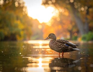 Duck in warm light. Water reflects sunlight. Fall foliage blurs in the background creates warm glow