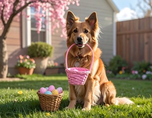 Dog holding a pink Easter basket with colored eggs in a garden with a house and blossoming tree behind