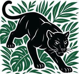 Panther Silhouette Palm Leaves Nature Design