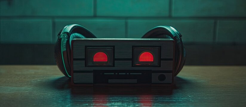 Retro Cassette Player with Glowing Red VU Meters and Headphones, Moody Teal Lighting