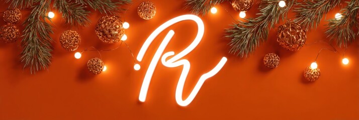 Festive christmas background with glowing letter r, pine branches, and lights