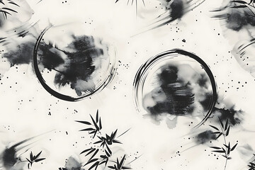 墨の筆致で描かれた日本の七宝文様のモダンパターン