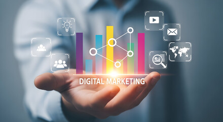 Hand presents digital marketing data showcasing charts graphs and icons representing social media email analytics and global reach for business growth and online strategy success