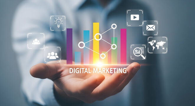 Hand presents digital marketing data showcasing charts graphs and icons representing social media email analytics and global reach for business growth and online strategy success