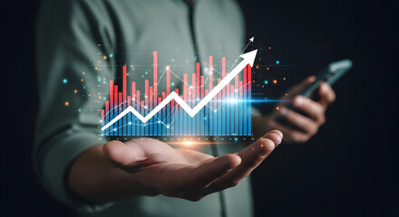 Hand holding a digital graph with an upward trending arrow showcasing business growth and financial success with data visualization and investment opportunities displayed on a modern interface