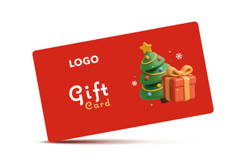 Red Christmas gift card, 3D. With Christmas tree, gift box and stars. Certificate, Sale Card, Merry Christmas, Birthday. Vector illustration.