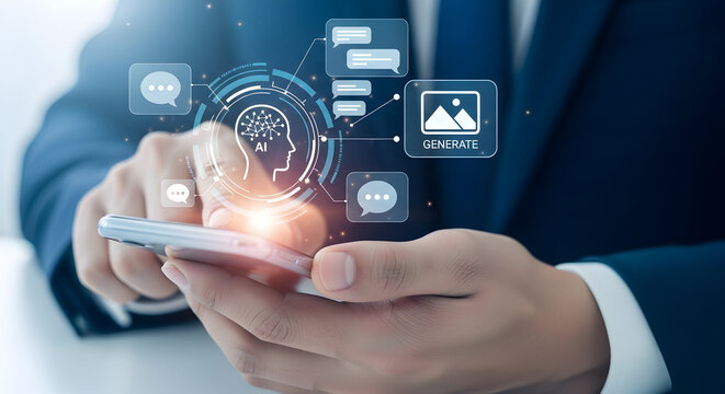 Man uses AI technology on his smartphone to generate content showcasing artificial intelligence and machine learning in a modern business setting for enhanced productivity and innovation