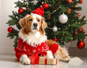 Dog in a red Christmas sweater and hat, lying down, presents, with decorated Christmas tree in the background