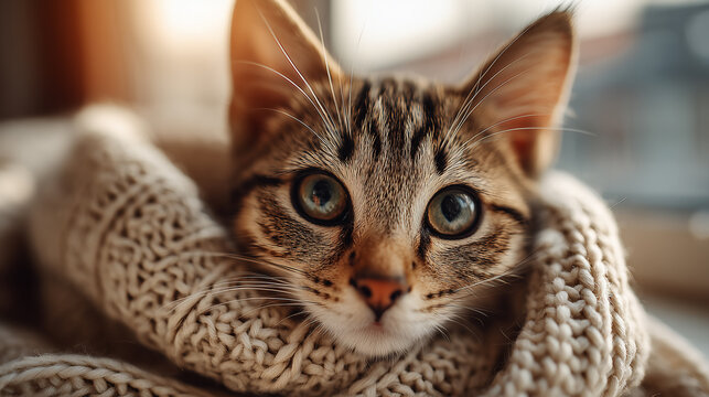 A close-up of a curious tabby cat wrapped in a cozy knitted blanket, showcasing its striking blue eyes and playful demeanor. - Powered by Adobe