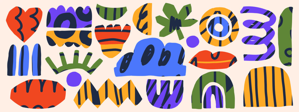 Modern geometric collage with artsy cartoon details. Funky cutout shapes set. Ideal for colorful graphic backgrounds and unique design projects