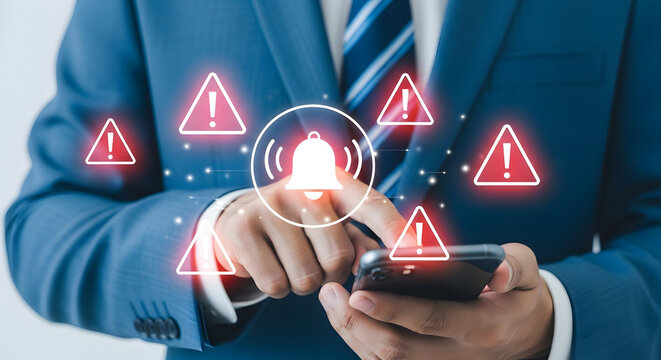 Businessman receives multiple alerts and notifications on his smartphone indicating potential security threats and urgent warnings requiring immediate attention in a fastpaced digital world