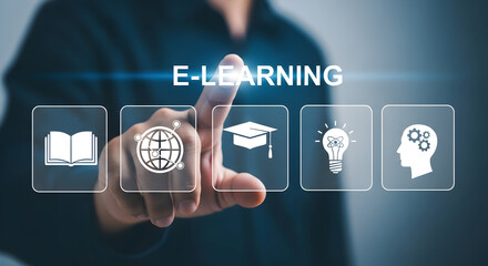 Person interacting with elearning interface featuring icons for knowledge global connection graduation ideas and thinking representing online education and digital learning platforms for skill develop