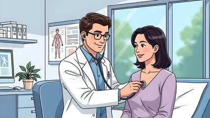 A friendly clipart vector of a doctor examining a patient with a stethoscope, set in a clean, modern clinic environment. 