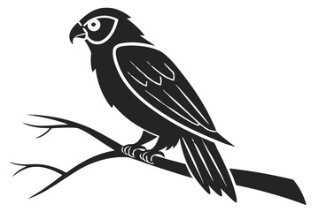 Stylized black bird perched on a bare branch against a black background