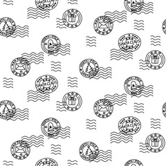 Fototapeta premium doodle Christmas holiday seamless pattern featuring North Pole Post round stamps with waves. Monochrome background ideal for wrapping paper, seasonal textile prints, paper, festive surface design