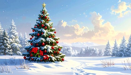Decorated Christmas tree in snowy field landscape against sky with mountains