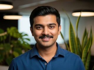 Portrait of a young indian man with a mustache smiling indoors