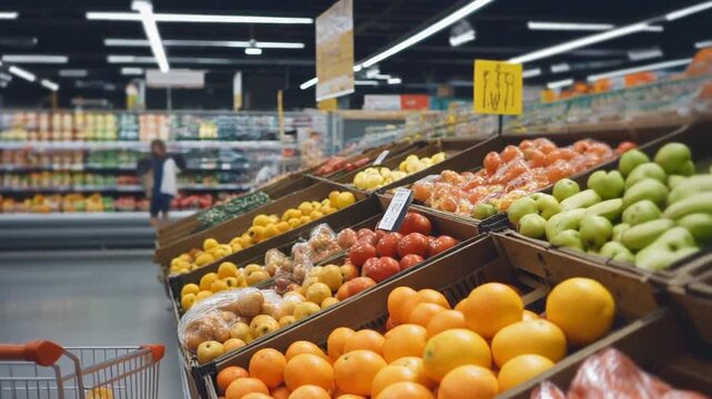 Grocery store produce section with fresh fruits and shopper showcasing retail vibrancy and consumer behavior