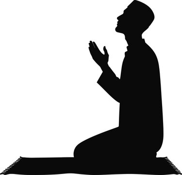 Muslim man silhouette in prayer on a prayer rug, looking upwards with open hands, a muslim pray icon graphic