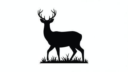 Fototapeta premium A black silhouette of a majestic deer standing in tall grass against a white background. 