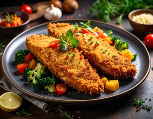 Crispy fried fish fillets with broccoli, cherry tomatoes, and mango chunks served on a dark gray plate