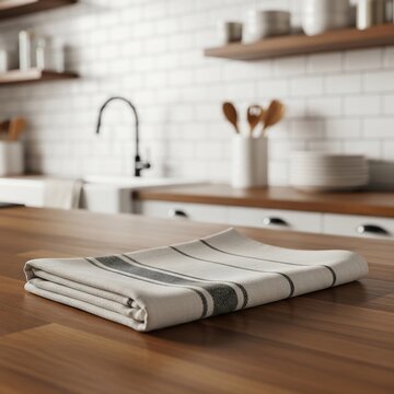 Rustic linen kitchen towel on wooden countertop, striped cotton dishcloth in modern farmhouse kitchen, textile mockup for culinary branding