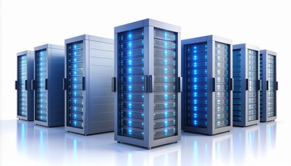 A row of modern server racks with glowing blue lights in a data center on a reflective white floor.