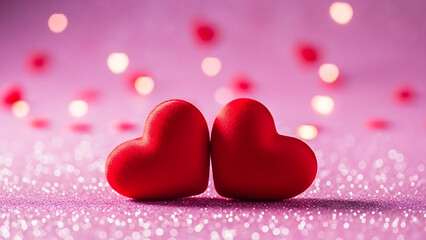 Fototapeta premium Symbol of love with two red hearts on a shimmering pink glitter surface against a soft focus background with beautiful glowing bokeh lights