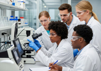 Diverse group of scientists working in laboratory. Biochemist team conducting research with microscope. Healthcare and medical science innovation for a bright future.