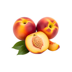Fresh ripe juicy peaches with a halved fruit showing its pit.