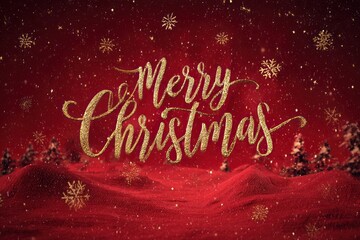 Golden glitter merry christmas text on a festive red background with snowflakes