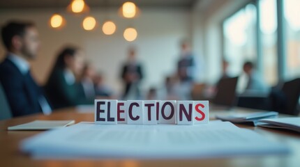 elections lettering text on blur formal work space office background 
