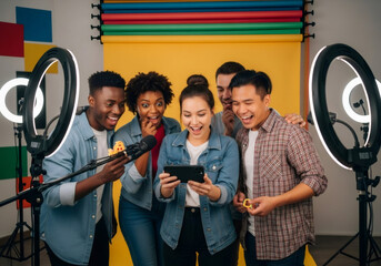 Group of young adult content creators looking at a smartphone screen with microphone. Social media, influencer and online broadcast concept.