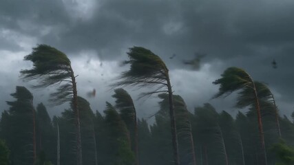 Wind-swept trees bend under a dark, stormy sky, showcasing nature's power.