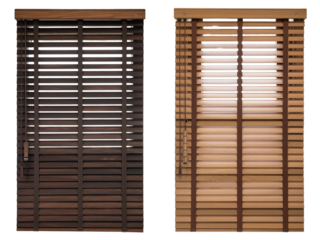 Two wooden venetian blinds, one dark brown and one light natural wood color, side by side isolated on transparent background