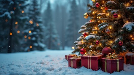Festive christmas tree with presents and snowy background in wintery scene
