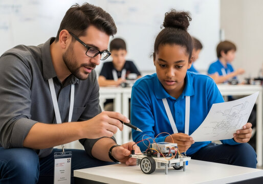Male teacher and female student working on a robotics project. Education in science, technology, engineering, and mathematics concept.