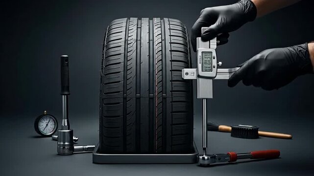 Close-up of a car tire being measured with a digital caliper by a mechanic in a workshop.