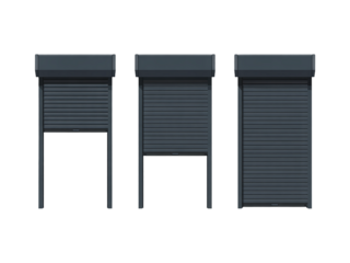 Set of three dark gray roller shutters with different opening levels isolated on transparent background