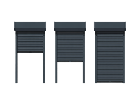 Set of three dark gray roller shutters with different opening levels isolated on transparent background