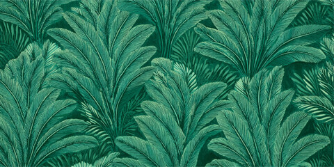 Lush emerald green tropical palm fronds creating a dense and vibrant natural jungle pattern © darkheaven