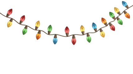 Colorful christmas lights isolated on transparent background, festive holiday decoration