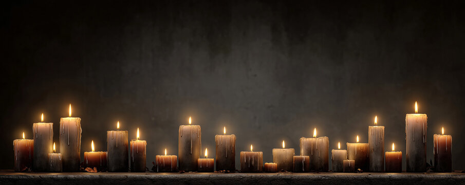 All Souls Day,All Saints Day Backdrop. Lit Candles, Gloomy Concept And Creative Background