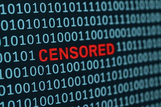 A digital screen filled with binary code featuring the word &ldquo;CENSORED&rdquo; in red.