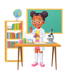 Cute African-American school girl making experiment in chemistry class. Cartoon vector illustration.