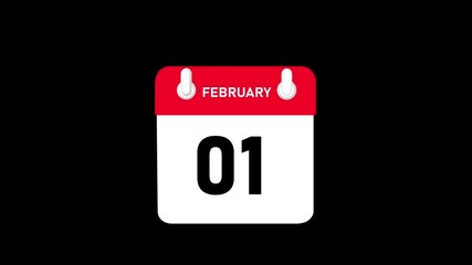 February month 01 date Calendar animation video with black background.4k motion video animation .