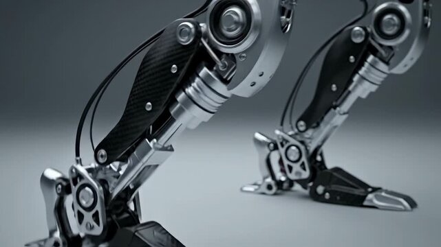 Close-up of a futuristic robotic leg, showcasing advanced bionic engineering and sleek metallic design, symbolizing progress in artificial intelligence and automation.