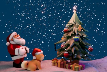 Santa Claus and Dog Admiring Christmas Tree in Snowfall