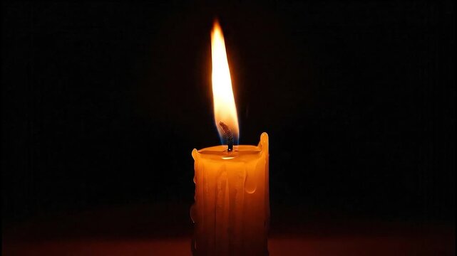 Vibrant yellow paraffin candle glowing against a black background, flame flickering as wax drips down the side, creating a warm, tranquil, spiritual ambiance for reflection
